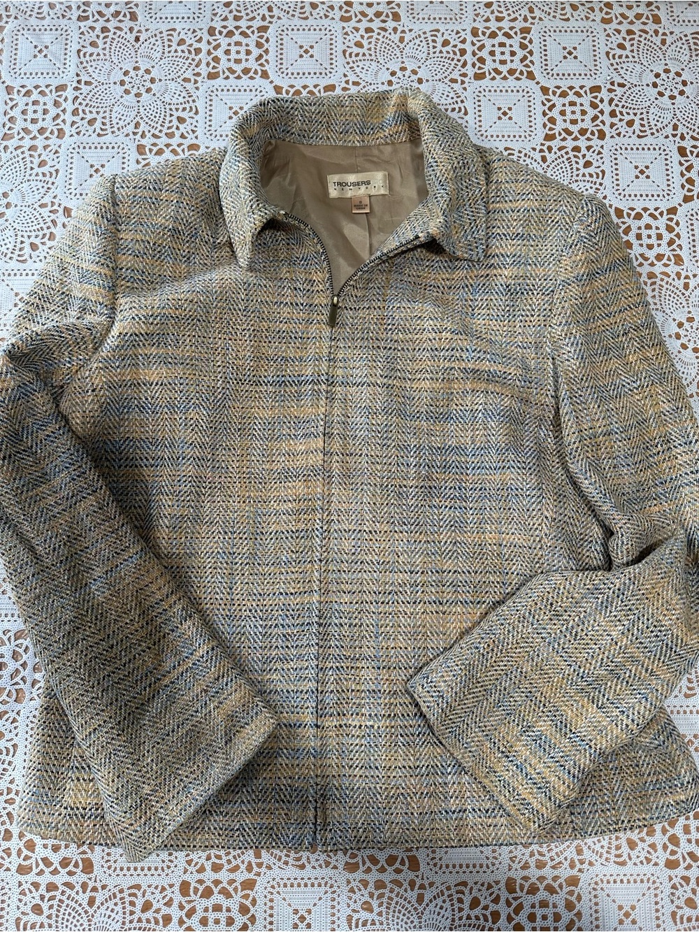 Trousers Etc New York 100% Silk Plaid Zip Jacket Women’s Size 8 Beige Blue